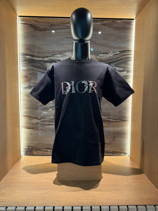 Dior T-Shirt Black Logo Flowers